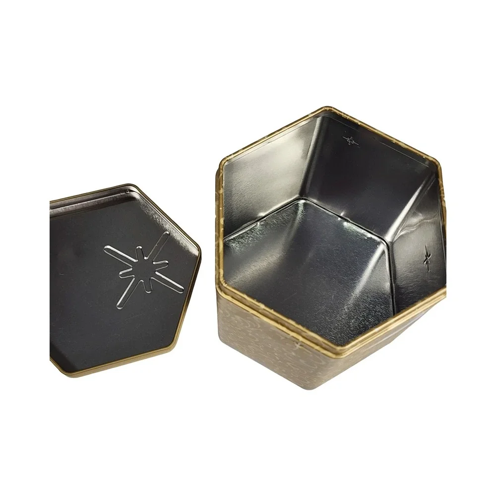 Gold Hexagon‎ Celestial Scrollwork Metal Tin Star Moon Holiday Storage Box 4.5in